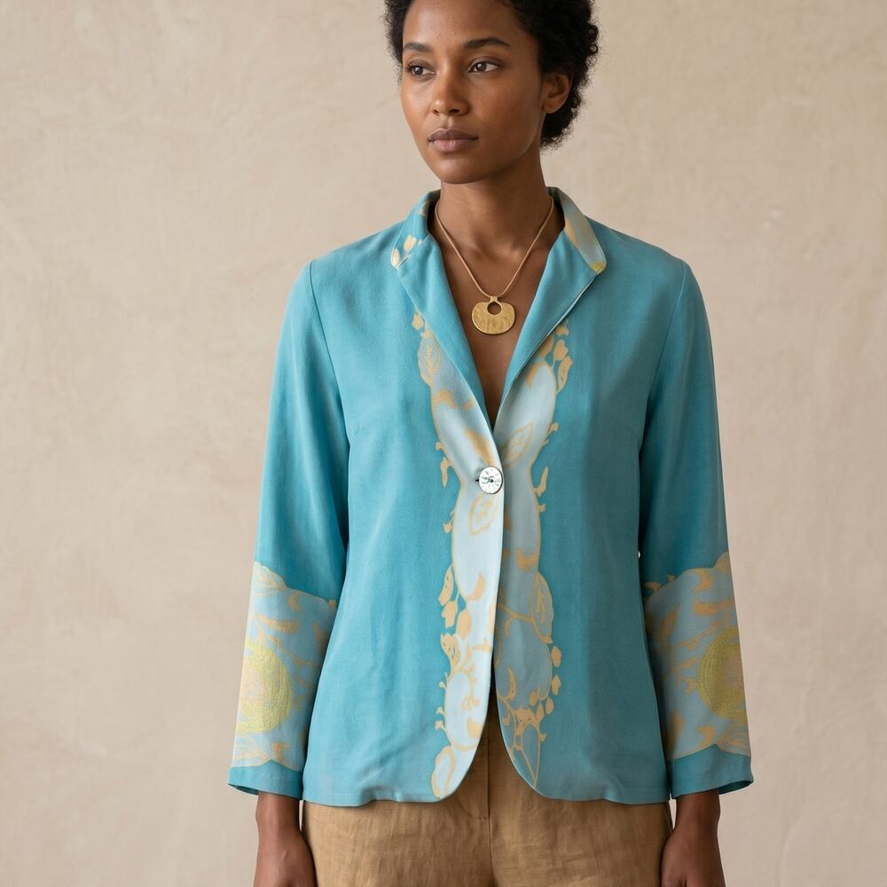 HARARI Silk Turquoise Silk Jacket top Art to wear pattern size Small